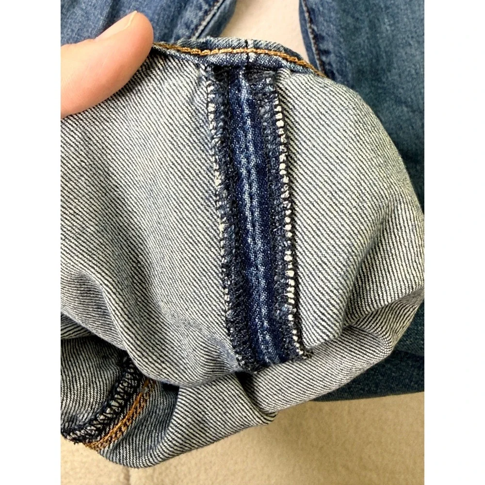 Levis Premium Big E Straight Leg Jeans Medium Wash Blue Denim Mens stained